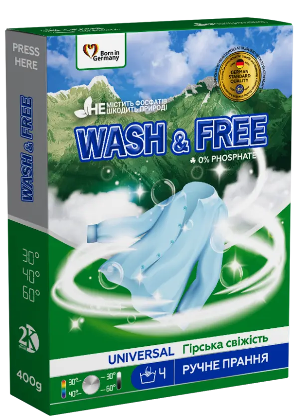 Пральний порошок для ручного прання гірська свіжість Wash&Free 400 г
