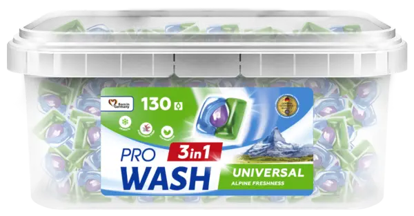Капсули для прання 3в1 Альпійська свіжість PRO WASH 130 шт контейнер