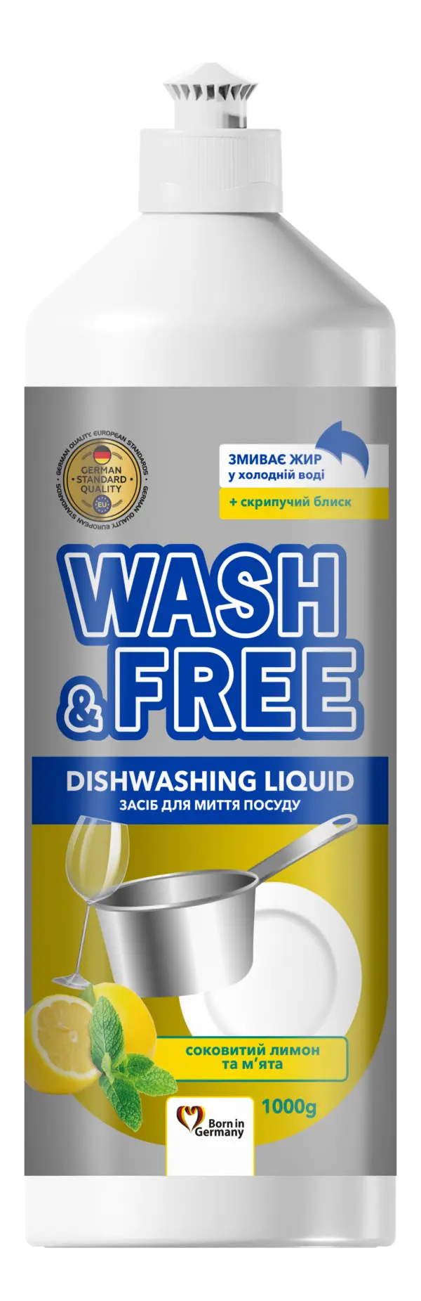 Засіб для миття посуду Лимон та м'ята Wash&Free 1000 г пляшка