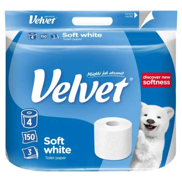 Туалетний папір Velvet Soft White тришаровий, 4 рулони