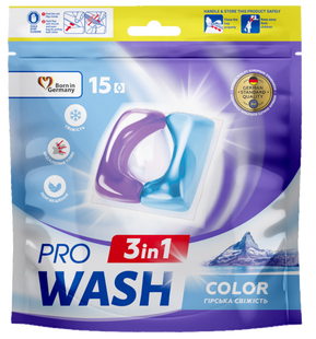Капсули для прання кольорових речей Гірська свіжість PRO WASH 15 шт дой-пак PROWASH-CAPS-COLOR-MOUNTAIN-REFILL фото